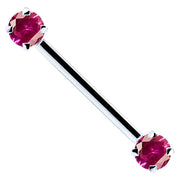 14k white gold straight barbell with red round-cut CZ stones in prong settings, side view