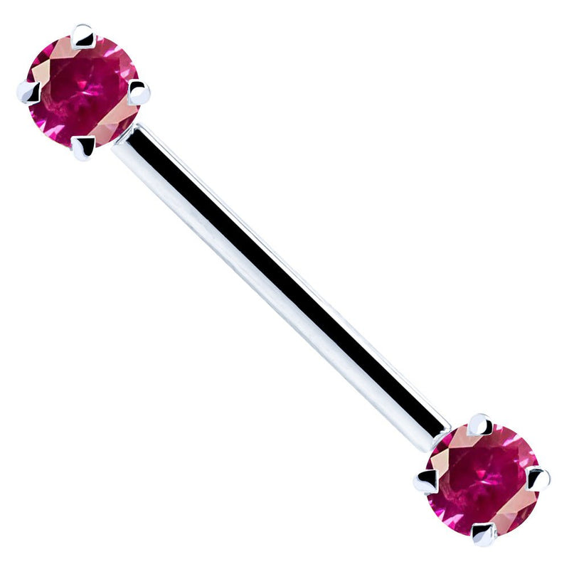 14k white gold straight barbell with red round-cut CZ stones in prong settings, side view