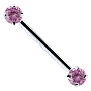 14k white gold straight barbell with pink round CZ prong-set ends, white background
