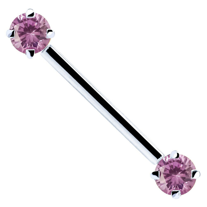 14k white gold straight barbell with pink round CZ prong-set ends, white background