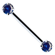 14k white gold straight barbell with dual blue round CZ stones in prong settings, front view