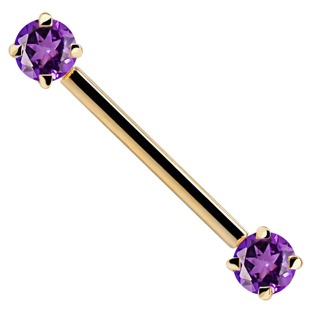 Purple Round Gemstone 14K Gold Straight Barbell-16G   5 8" (16mm)   Yellow Gold