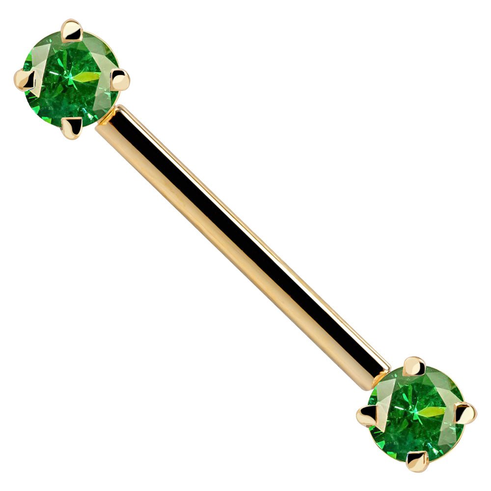 Green Round Gemstone 14K Gold Straight Barbell-16G   5 8" (16mm)   Yellow Gold