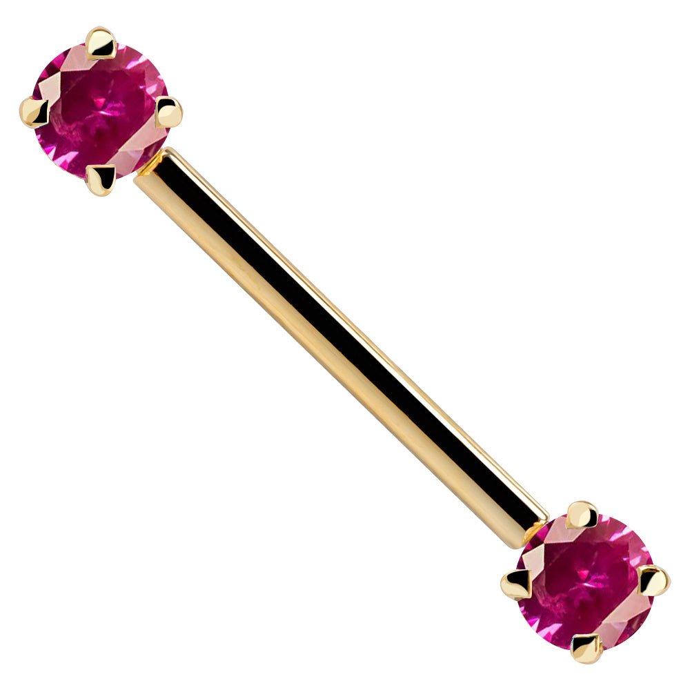 Red Round Gemstone 14K Gold Straight Barbell-16G   5 8" (16mm)   Yellow Gold