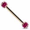 14k yellow gold straight barbell with prong-set red CZ gemstones, angled side view
