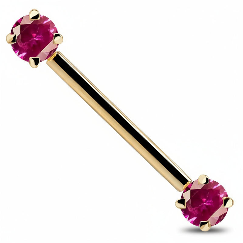 14k yellow gold straight barbell with prong-set red CZ gemstones, angled side view