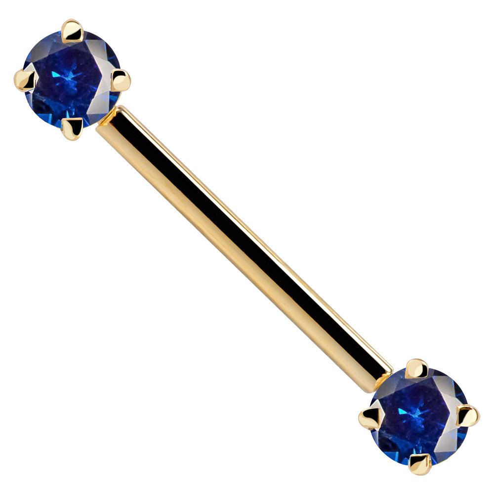 Blue Round Gemstone 14K Gold Straight Barbell-16G   5 8" (16mm)   Yellow Gold