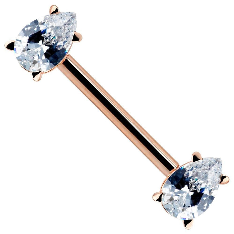 14k rose gold straight nipple barbell with two pear-cut CZ prong ends, white background angled view