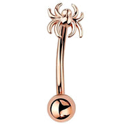 14K rose gold spider curved barbell eyebrow ring, front view with warm pink-toned polished finish