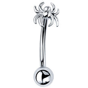 14K white gold spider curved barbell eyebrow ring, front view with polished silver-toned finish