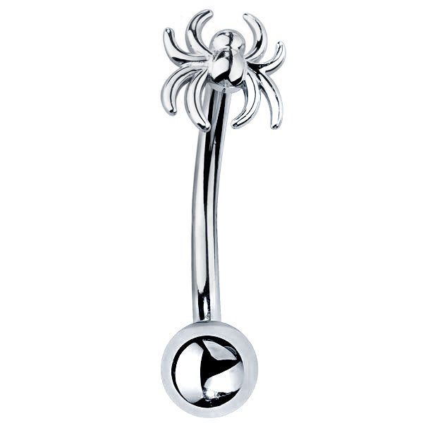 14K white gold spider curved barbell eyebrow ring, front view with polished silver-toned finish