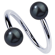 14K white gold twister spiral barbell with paired cultured peacock pearl ends, front view