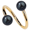 14K yellow gold spiral twister barbell with two dark cultured peacock pearl ends, front view