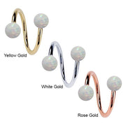 Opal 14k gold twister barbell shown in all three metal colors: yellow, white, and rose gold