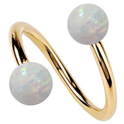 14k yellow gold twister spiral barbell with dual simulated opal ball ends, front view