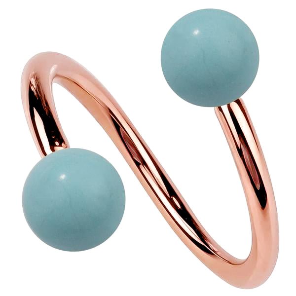 14K rose gold twister spiral barbell with simulated turquoise balls, warm gold tone contrast