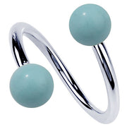 14K white gold spiral twister barbell with dual simulated turquoise ball ends, front view