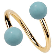 14K yellow gold twister spiral barbell with simulated turquoise balls, front view