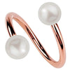 14K rose gold twister barbell with two white cultured pearls, warm blush tone