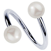 14K white gold cultured pearl spiral barbell showing cool silver-toned twist design