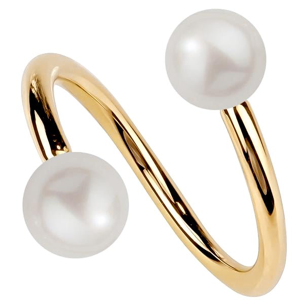 14K yellow gold twister spiral barbell with dual cultured pearls, front view