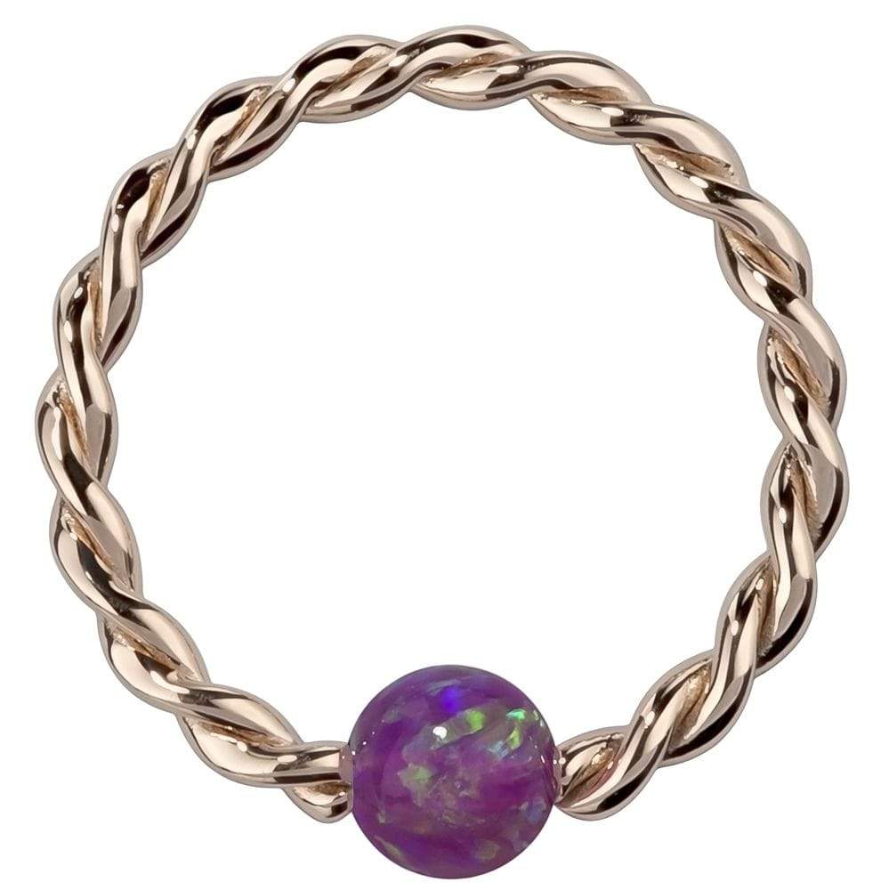 Purple Opal 14K Gold Twisted Captive Bead Ring Hoop-14K Rose Gold   14G (1.6mm)   5 8