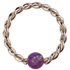 14K rose gold twisted captive bead ring with purple opal bead, front view on white background