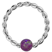 14K white gold twisted captive bead ring with purple opal bead, front view on white background