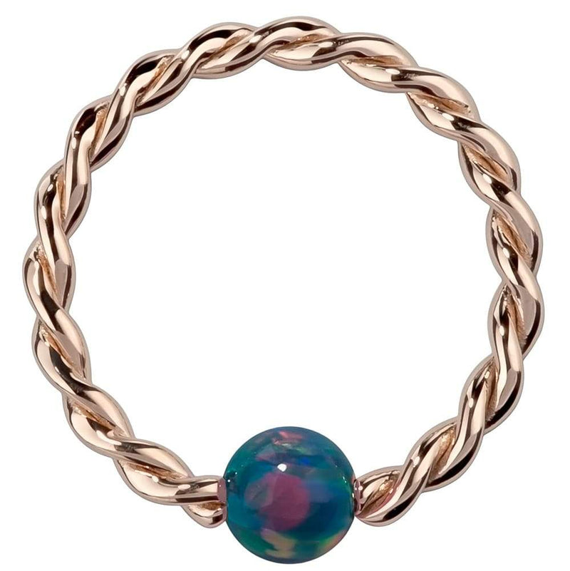 14K rose gold twisted captive bead ring with teal simulated opal bead, front view