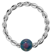 14K white gold twisted captive bead ring with teal simulated opal bead, front view