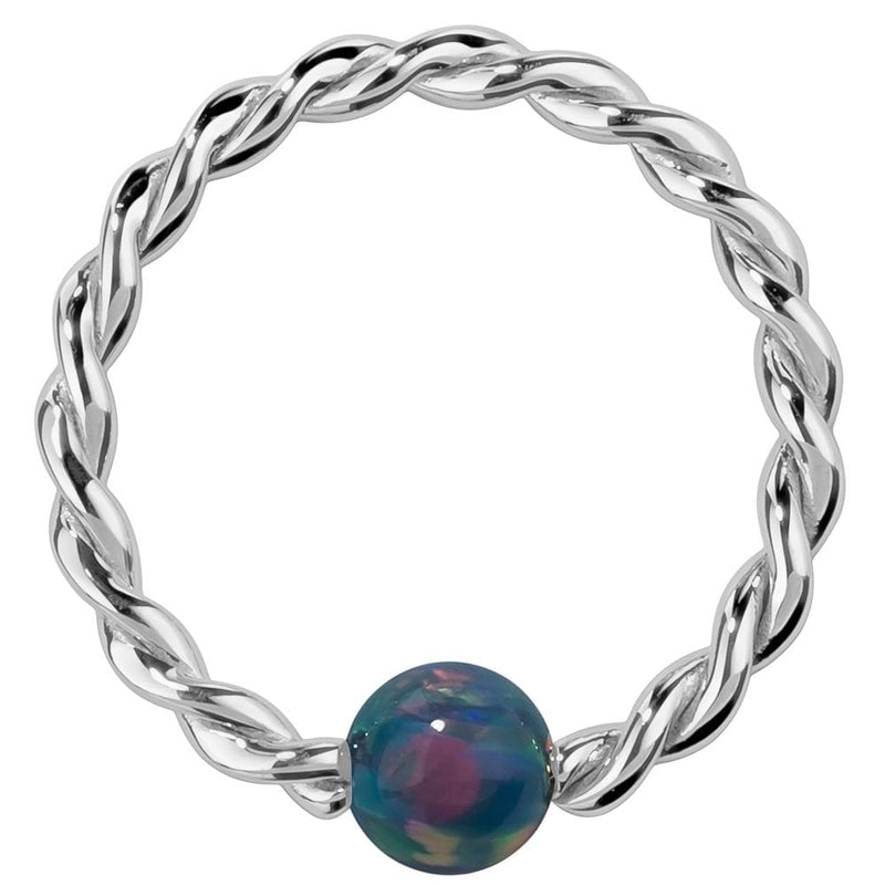 14K white gold twisted captive bead ring with teal simulated opal bead, front view