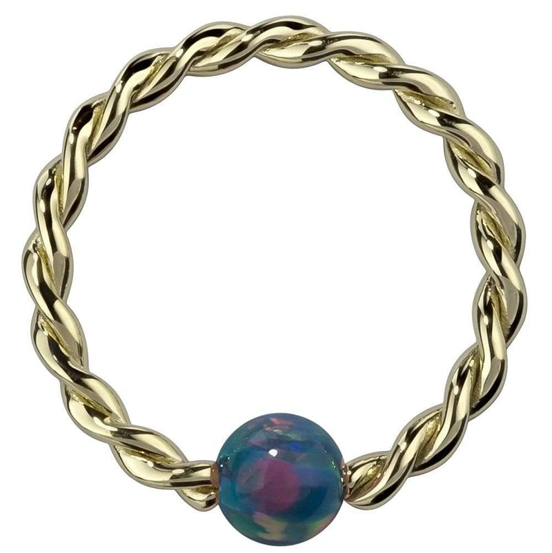 14K yellow gold twisted captive bead ring with teal simulated opal bead, front view