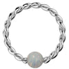 14K white gold twisted captive bead ring with white opal bead, front view of braided hoop