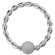 14K white gold twisted captive bead ring with white opal bead, front view of braided hoop