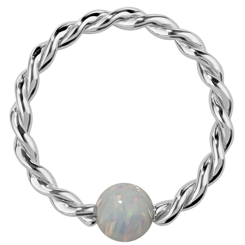 14K white gold twisted captive bead ring with white opal bead, front view of braided hoop