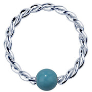 14K white gold twisted captive bead ring with faux turquoise bead, front view