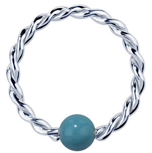 14K white gold twisted captive bead ring with faux turquoise bead, front view