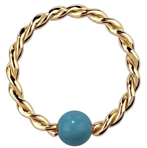14K yellow gold twisted captive bead ring with faux turquoise bead, front view