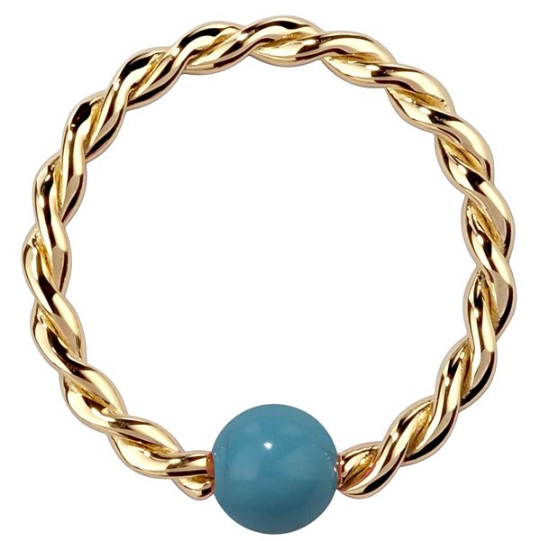 14K yellow gold twisted captive bead ring with faux turquoise bead, front view