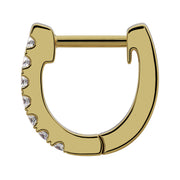 Single 14k yellow gold diamond huggie hoop, front-facing view showing open clasp mechanism