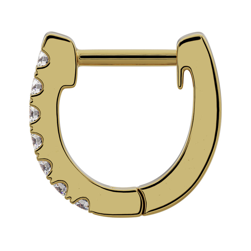 Single 14k yellow gold diamond huggie hoop, front-facing view showing open clasp mechanism