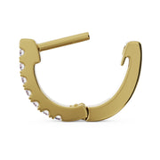 Side profile of single 14k yellow gold diamond huggie hoop showing clasp and prong detail