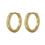 Pair of 14k yellow gold 10mm huggie hoop earrings, angled view showing matching set and hinged closures