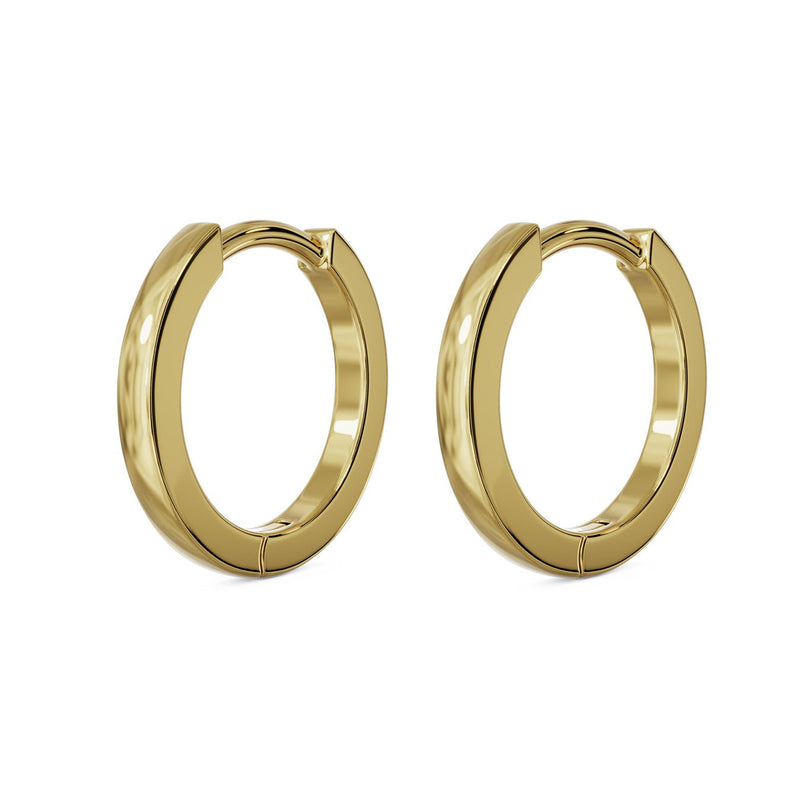 Pair of 14k yellow gold 10mm huggie hoop earrings, angled view showing matching set and hinged closures