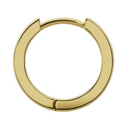 Front view of single 14k yellow gold huggie hoop earring showing smooth flat-face profile