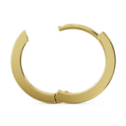 Side profile of single 14k yellow gold huggie hoop showing hinged clasp and flat inner edge