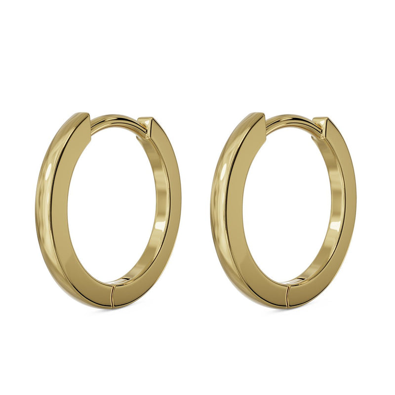 14k yellow gold huggie hoop earrings, pair shown at an angle highlighting polished finish
