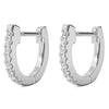 14k white gold diamond huggie hoop earrings pair, front view showing prong-set diamonds along outer arc
