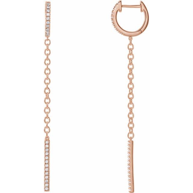 14k rose gold diamond huggie hoop earrings with chain dangle and pavé bar drop, pair view