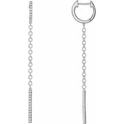 14k white gold diamond huggie hoop earrings with chain dangle and pavé bar drop, pair view